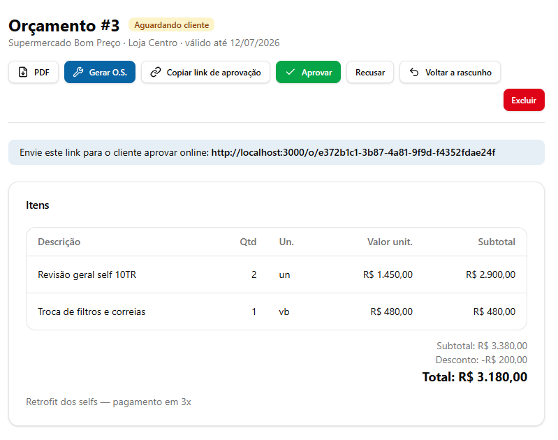 6. Envie o relatório e o orçamento