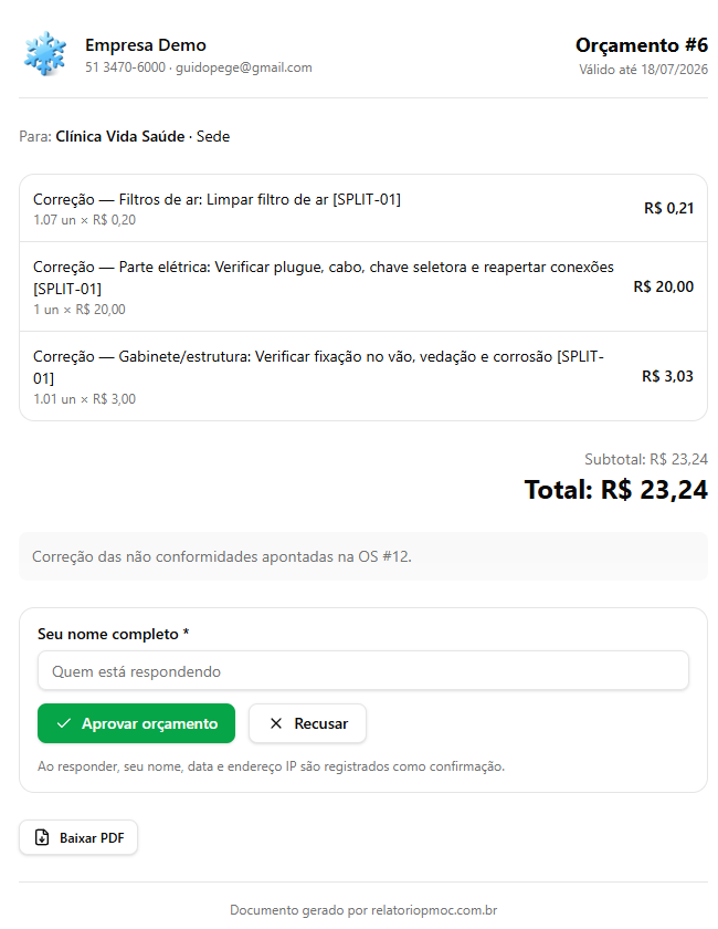 6. Envie o relatório e o orçamento